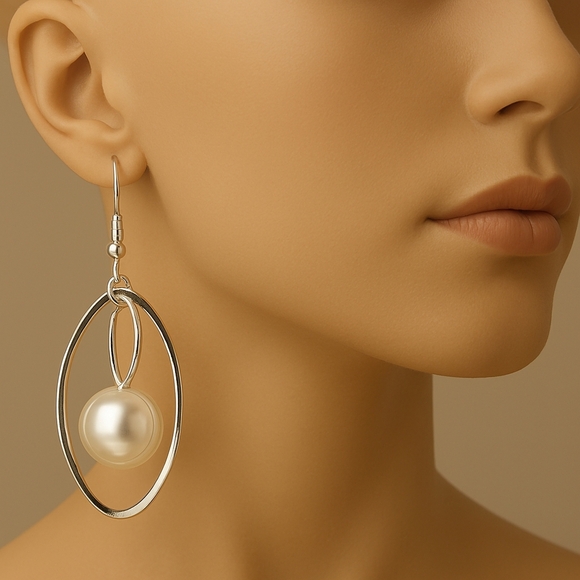 Women's Stylish Polished Silver tone Hoop, bead Design 2.5" drop dangle Earrings - Picture 1 of 6